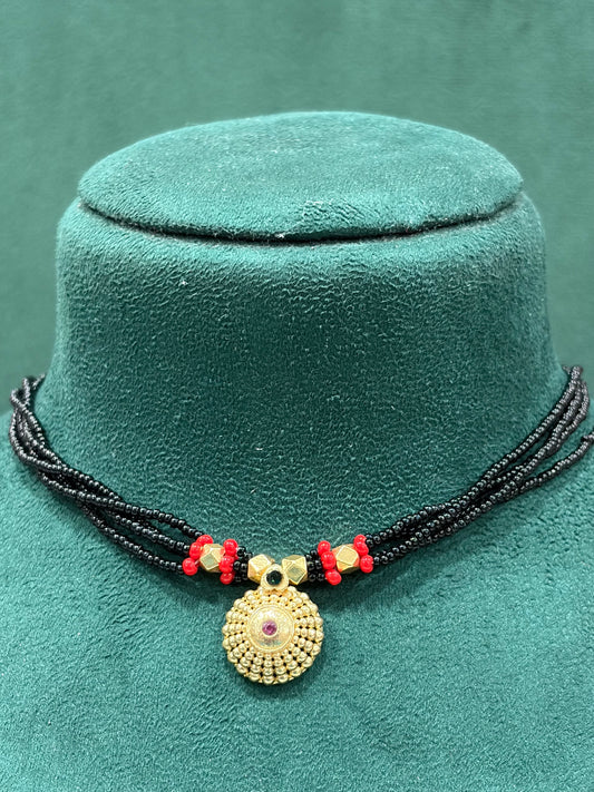 Traditional Black Beaded Thushi Necklace with Round Gold-Tone Pendant