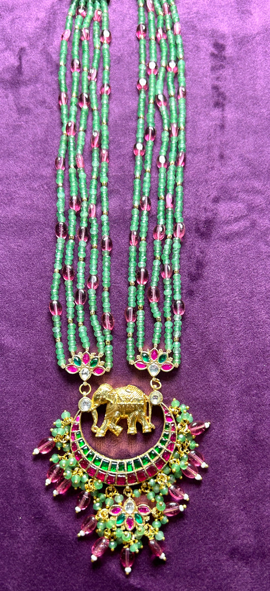 Elegant Multi-Strand Pachikundan Beaded Necklace with Elephant Pendant