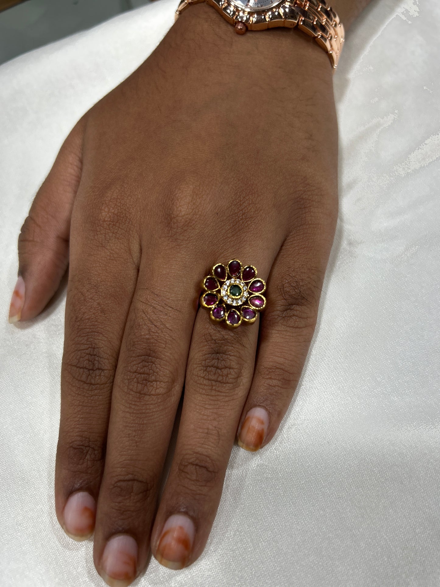 Petite Ruby–Emerald Floral Kundan Ring