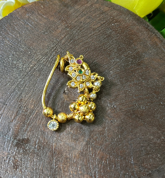 Antique Floral Kundan Maharashtrian Nath with Gold Ball Drops