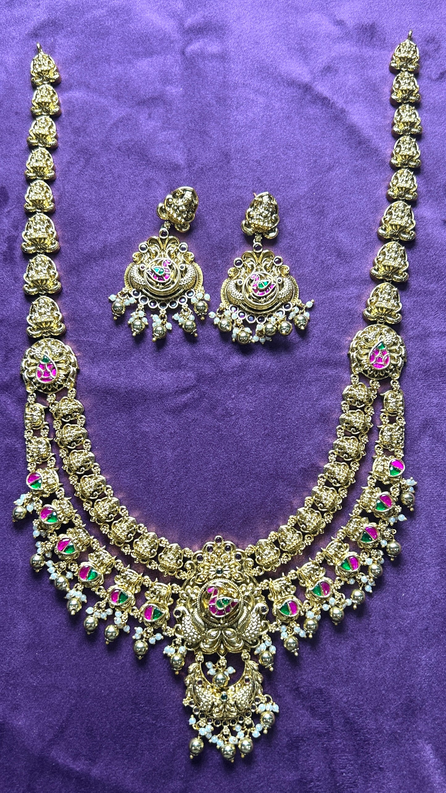 Antique Meenakari Long Temple Necklace Set