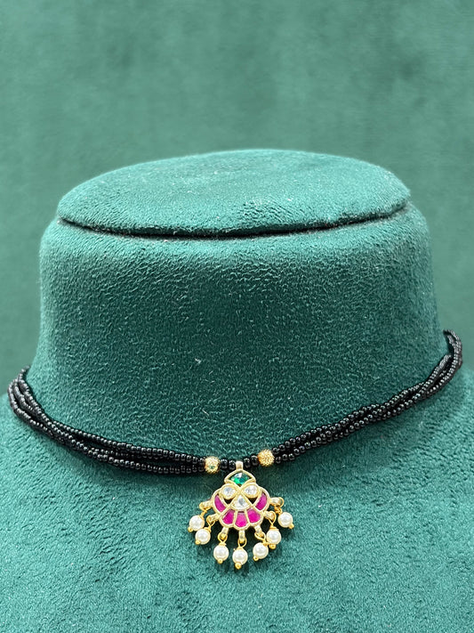 Paachi Kundan Black Beaded Necklace with Pink & Green Pendant