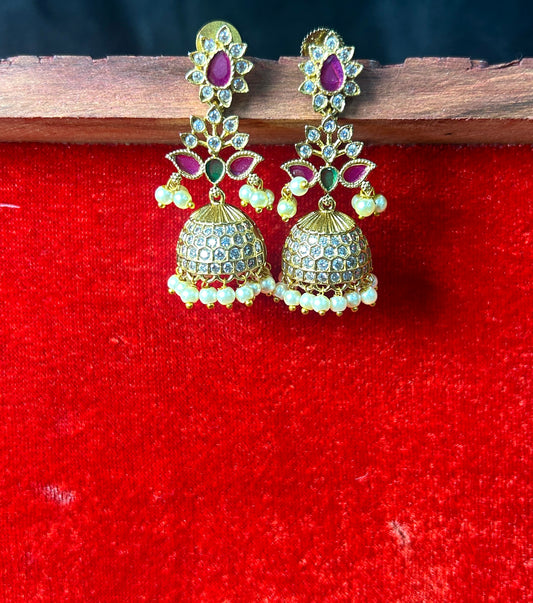Floral Ruby & Stone Jhumka Earrings with Pearls