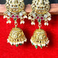 Lakshmi Motif Temple Jhumkas with Pearl & Emerald Drops
