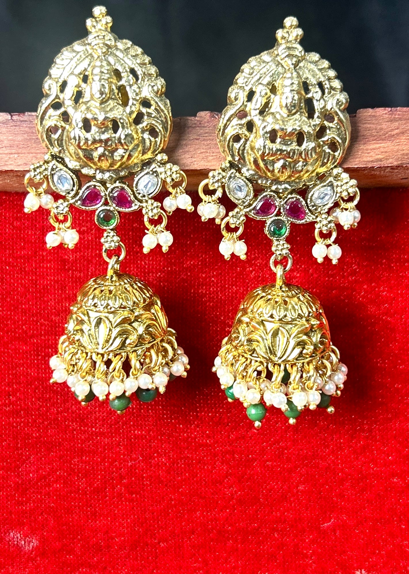 Lakshmi Motif Temple Jhumkas with Pearl & Emerald Drops