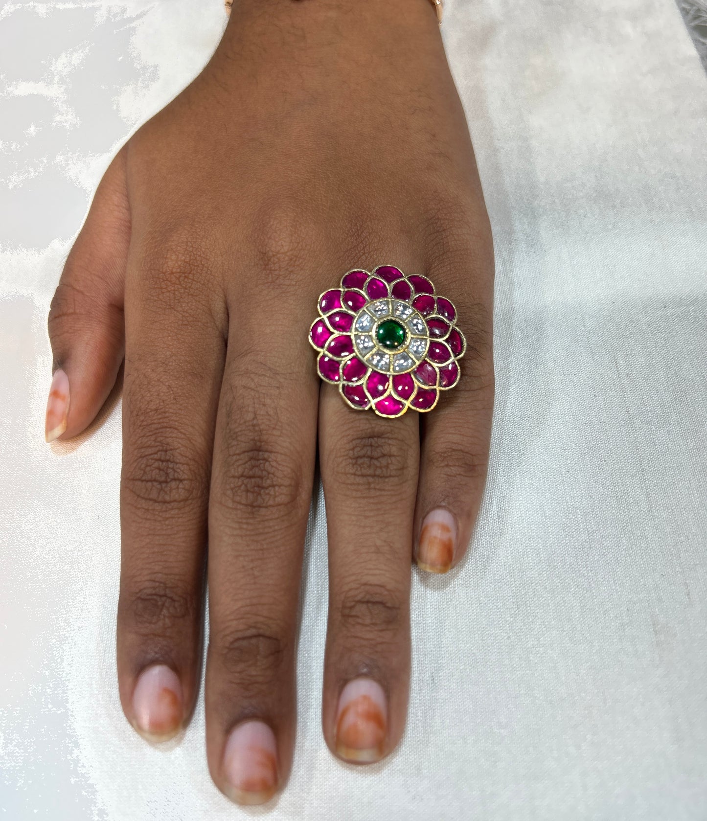 Royal Ruby–Emerald Kundan Floral Ring