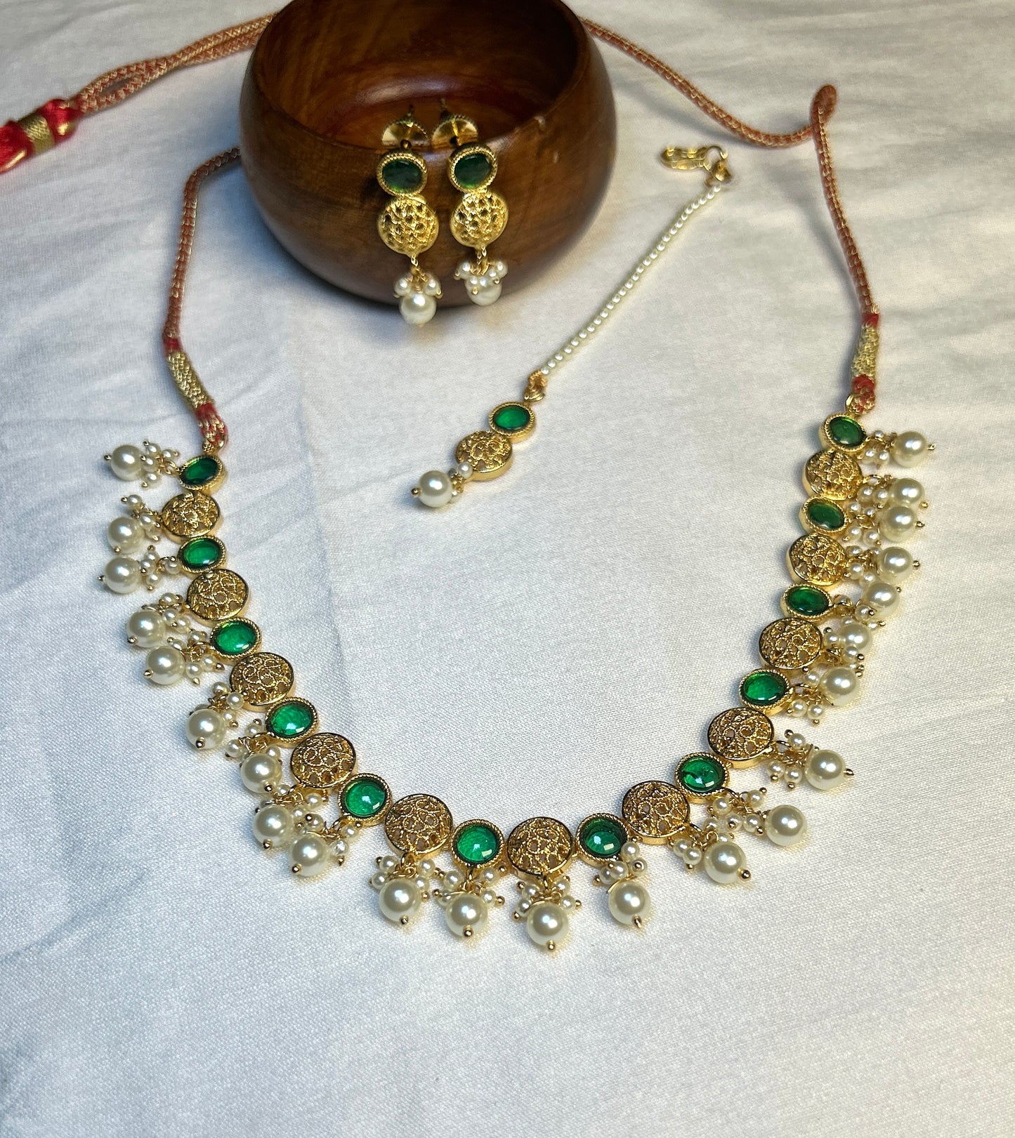 Green Kundan & Pearl Traditional Necklace Set – 1 Gram Gold Finish