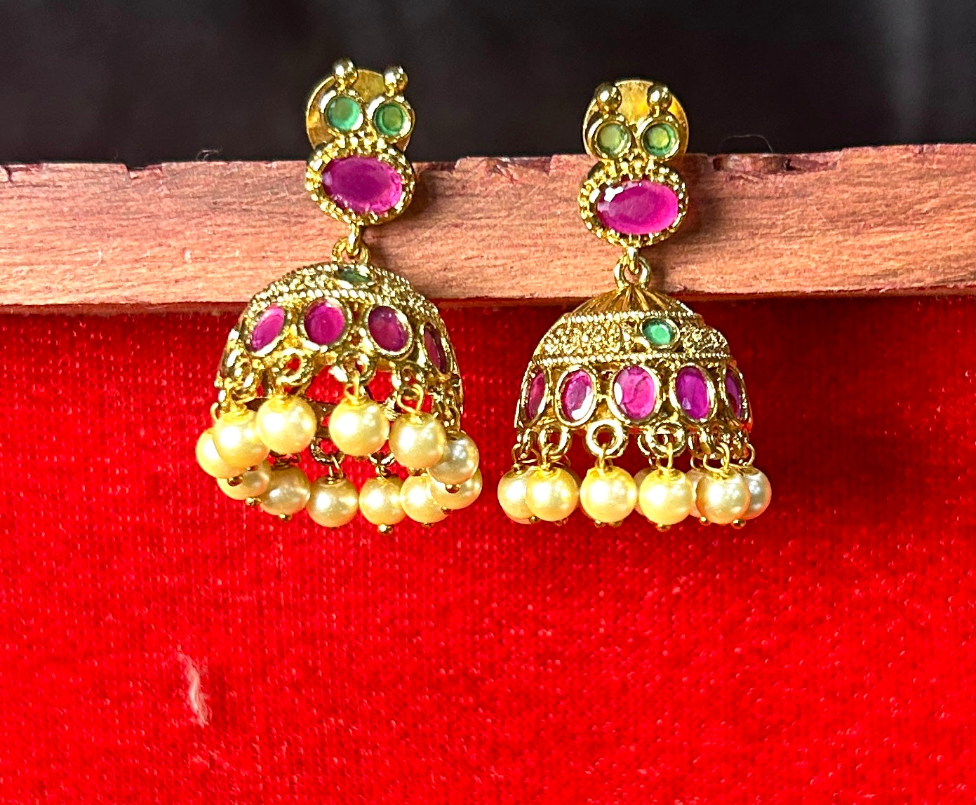 Ruby & Emerald Stone Jhumka Earrings with Pearls