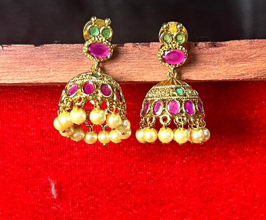 Ruby & Emerald Stone Jhumka Earrings with Pearls