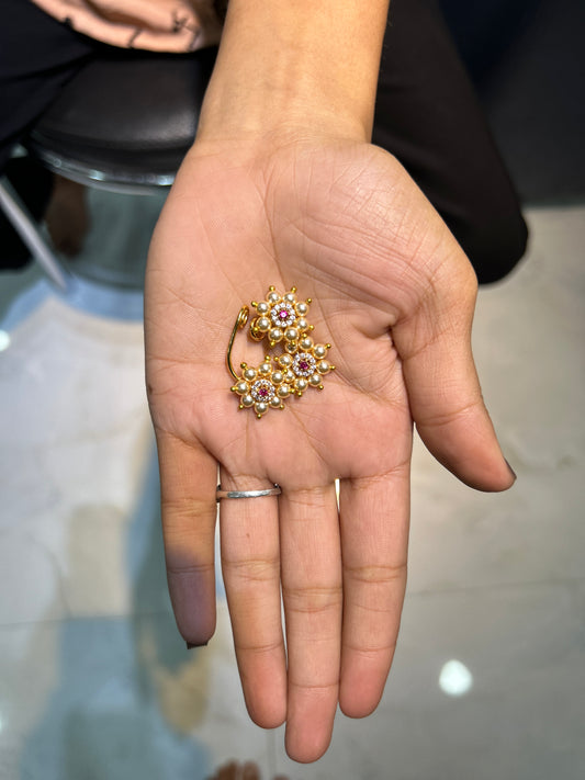 Pearl Cluster Maharashtrian Nath with Ruby Accent