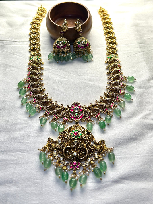 Antique Peacock Bridal Necklace Set with Green Drops
