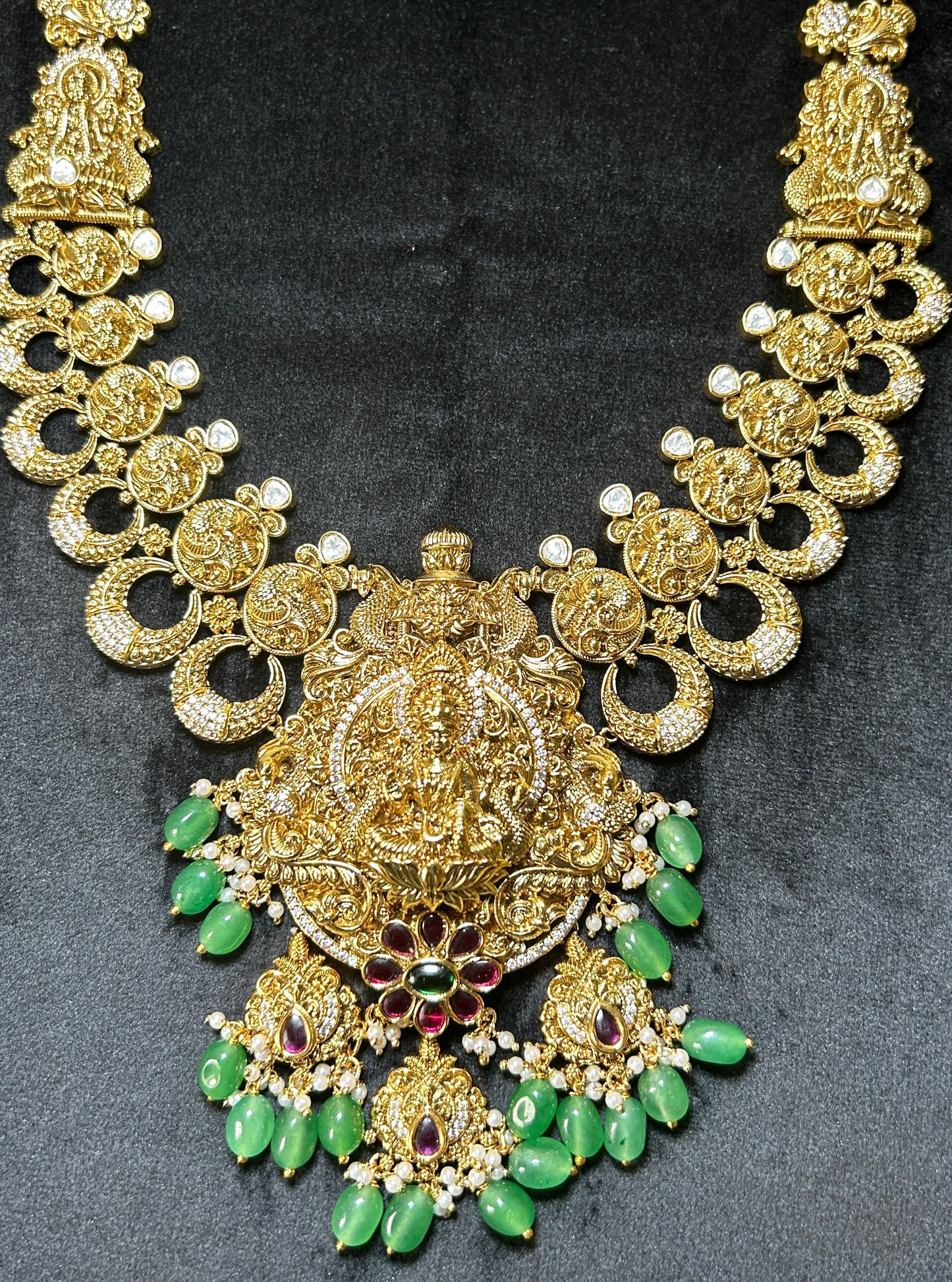 Lakshmi Antique Temple long Necklace with Emerald Drops