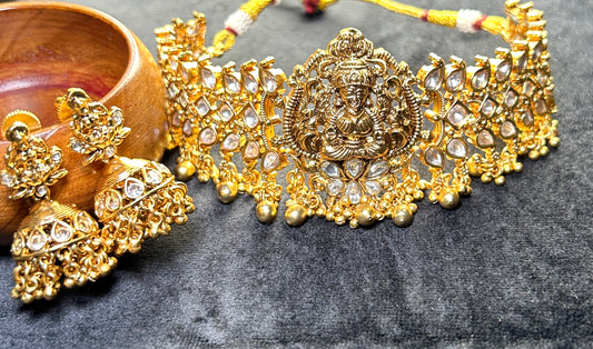 Antique Lakshmi Temple Choker Set – Kundan Work with Golden Ball Drops