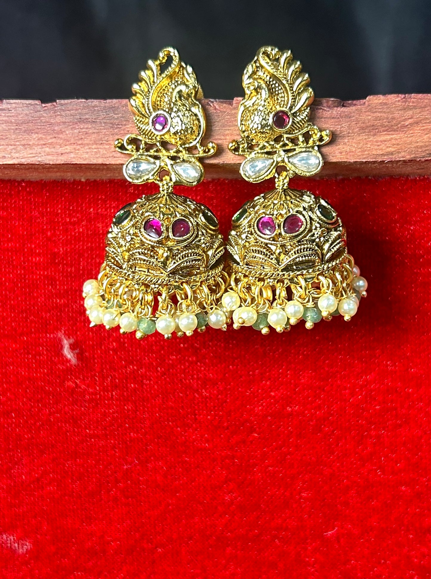 Peacock Inspired Temple Jhumka Earrings with Pearls