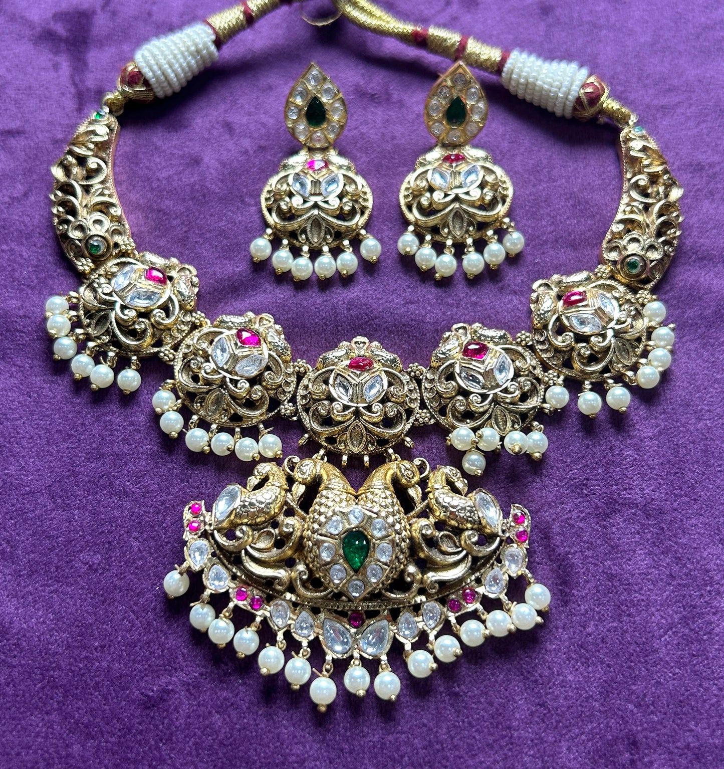 Antique Temple Necklace Set with Double Peacock Motif & Kundan Embellishments