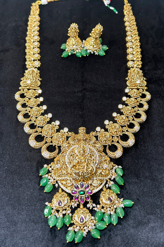 Lakshmi Antique Temple long Necklace with Emerald Drops