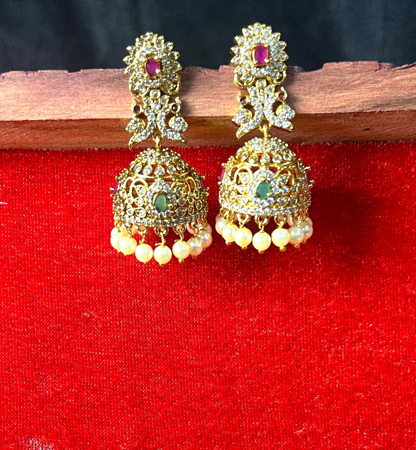 Floral Emerald & Ruby Jhumka Earrings with Pearls