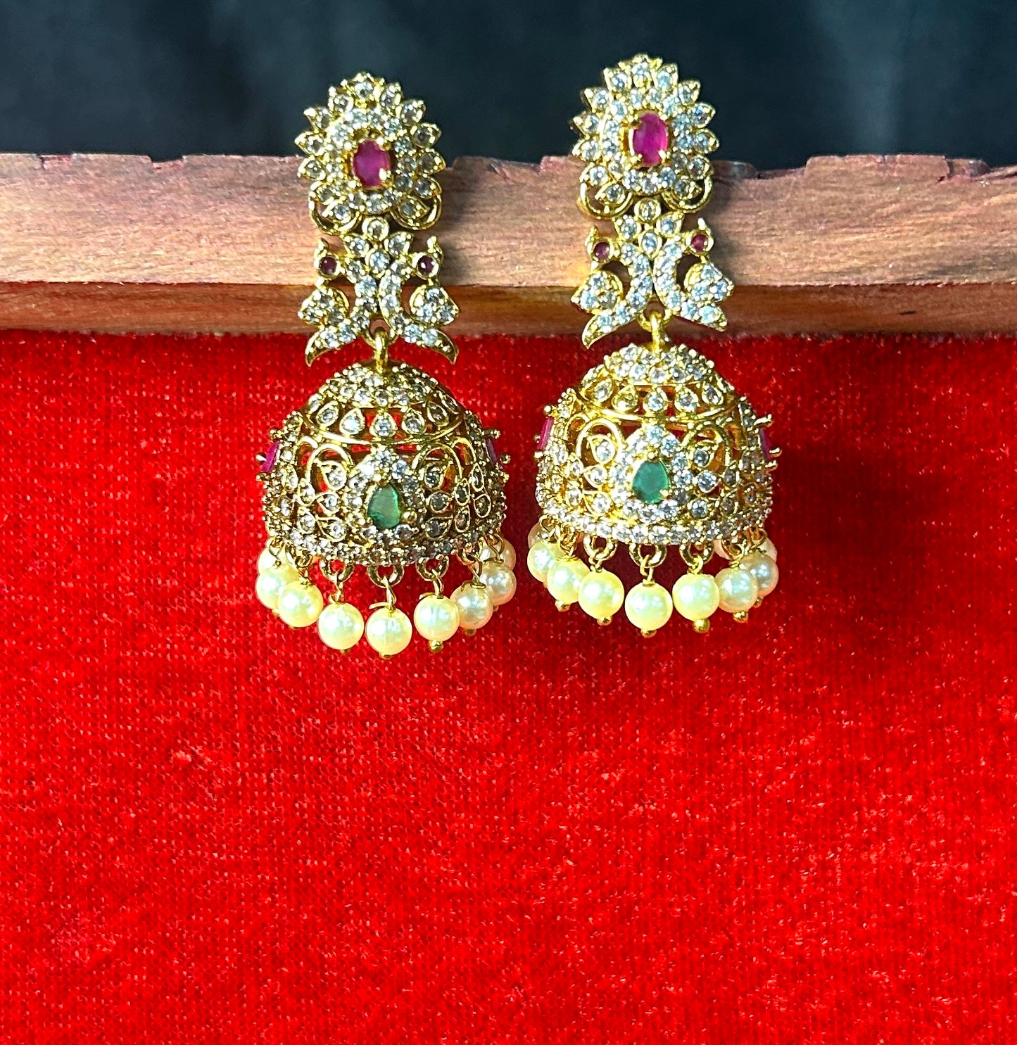 Floral Emerald & Ruby Jhumka Earrings with Pearls