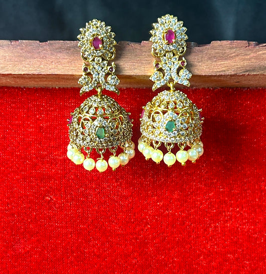 Floral Emerald & Ruby Jhumka Earrings with Pearls