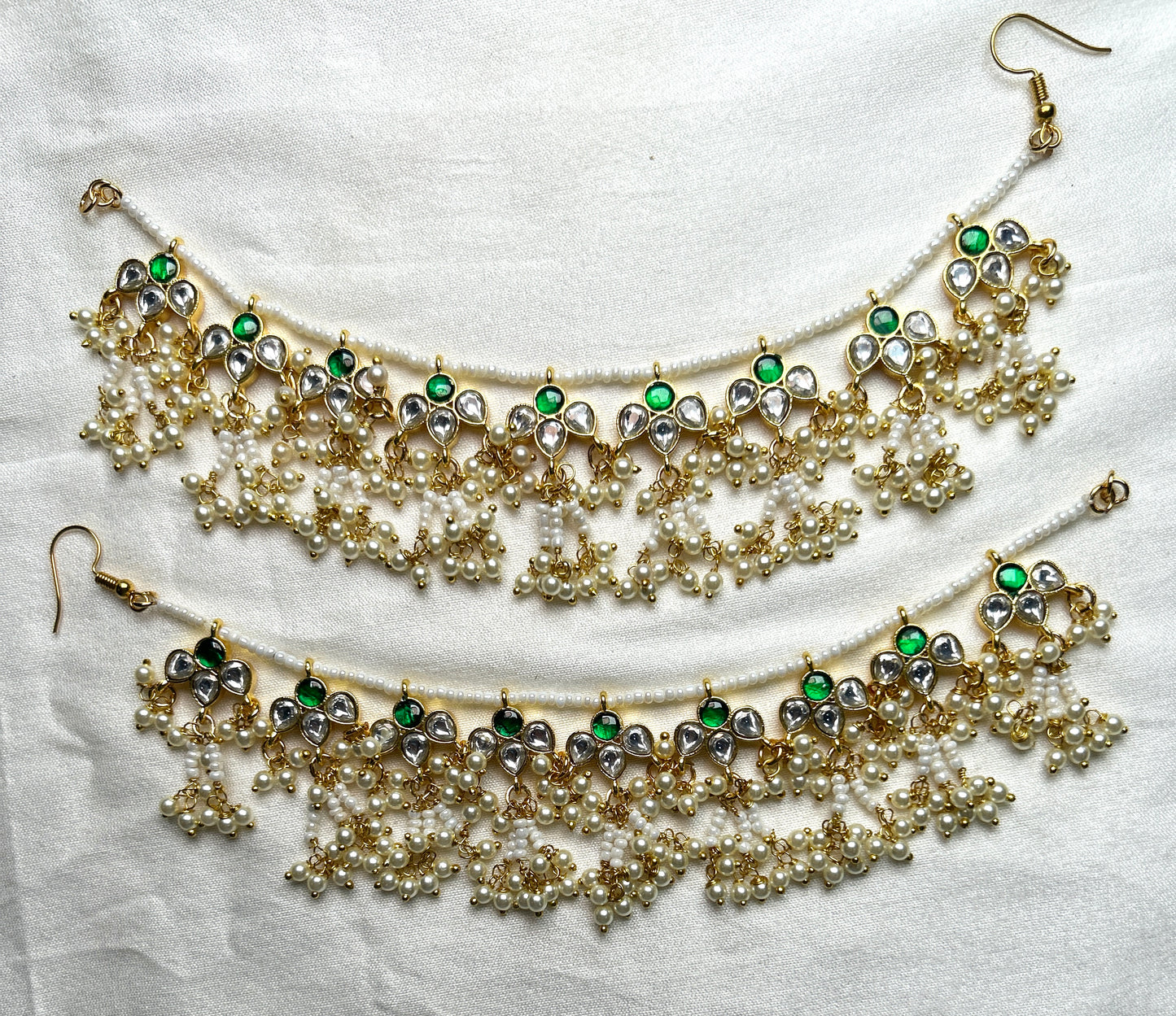 Green-White Kundan Kana Chains with Pearl Jhumki Cluster
