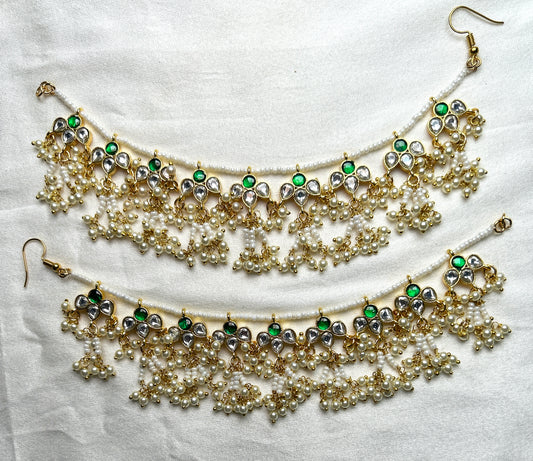 Green-White Kundan Kana Chains with Pearl Jhumki Cluster