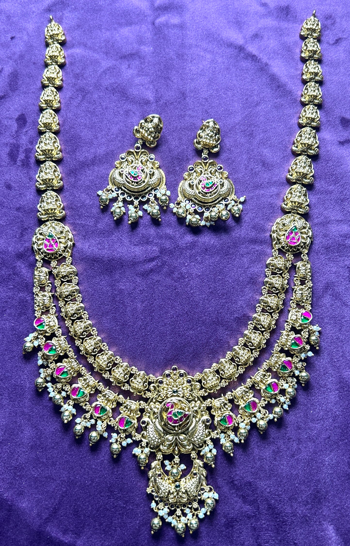 Antique Meenakari Long Temple Necklace Set