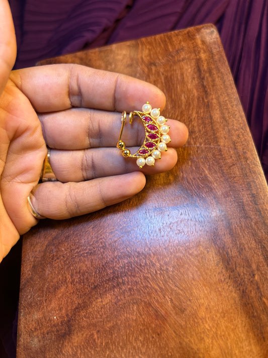 Ruby Pearl Half-Moon Nath (1 Gram Gold Plated)