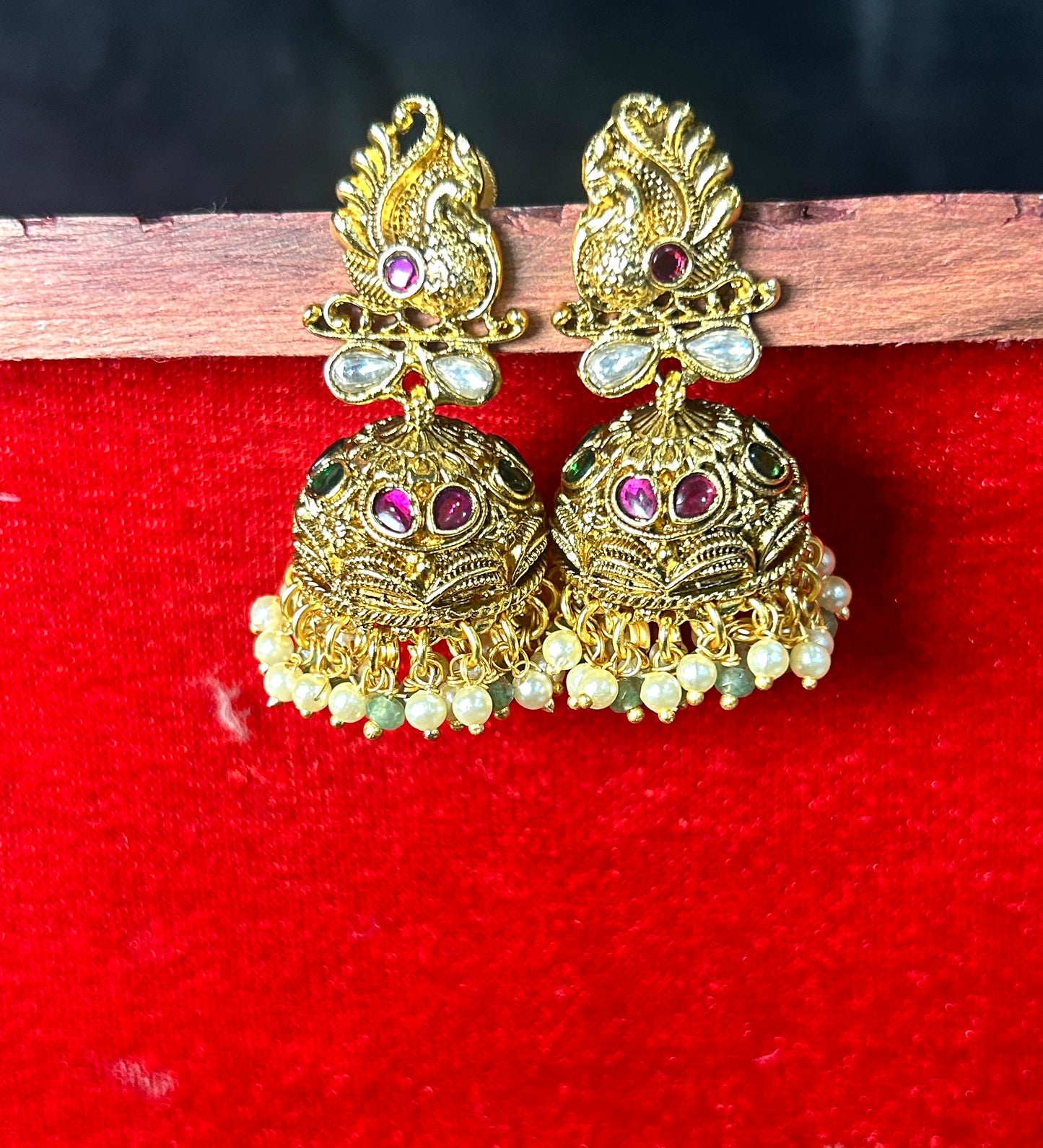 Peacock Inspired Temple Jhumka Earrings with Pearls
