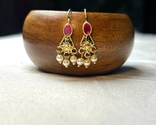 Elegant Ruby-Toned Earrings with Pearl Danglers