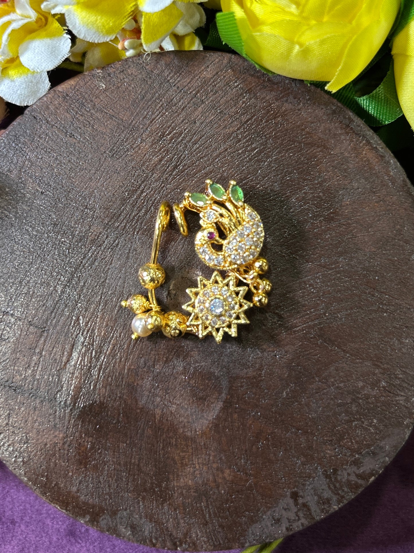 Peacock Crescent Maharashtrian Nath with Crystal Sun Charm