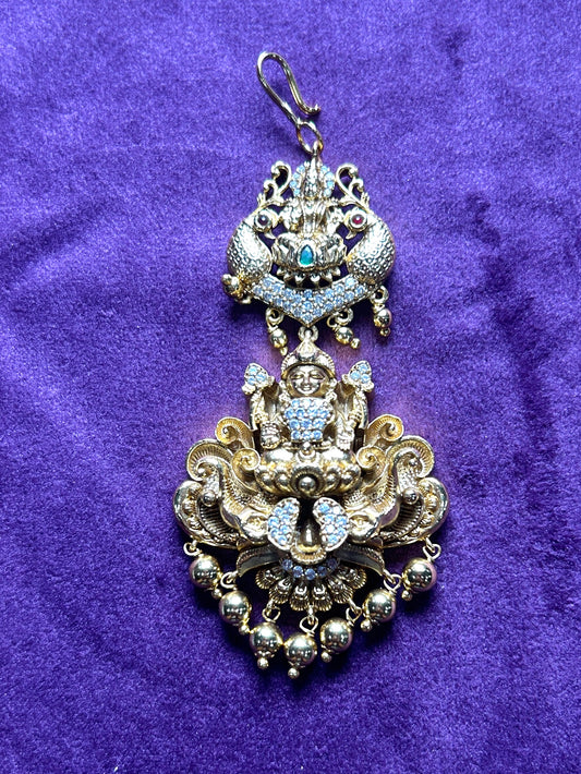 Antique Lakshmi Temple Maang Tikka with Twin Peacock Motif