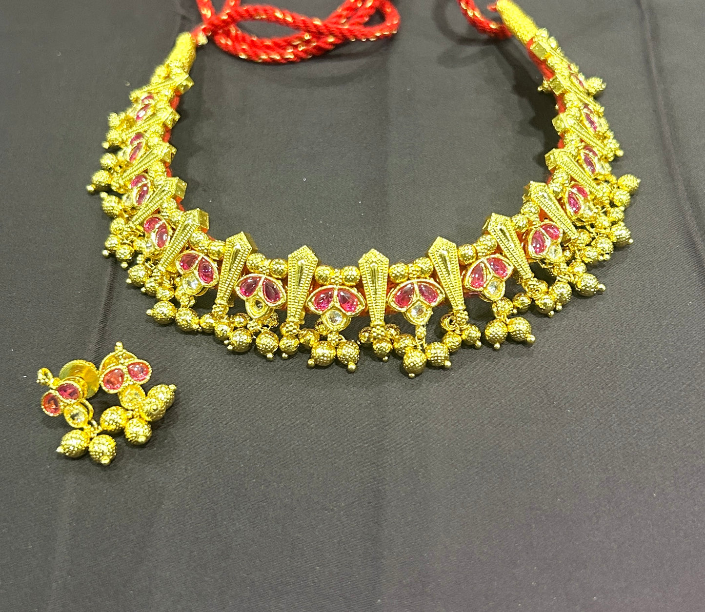 Traditional Ruby Stone Choker Set with Earrings
