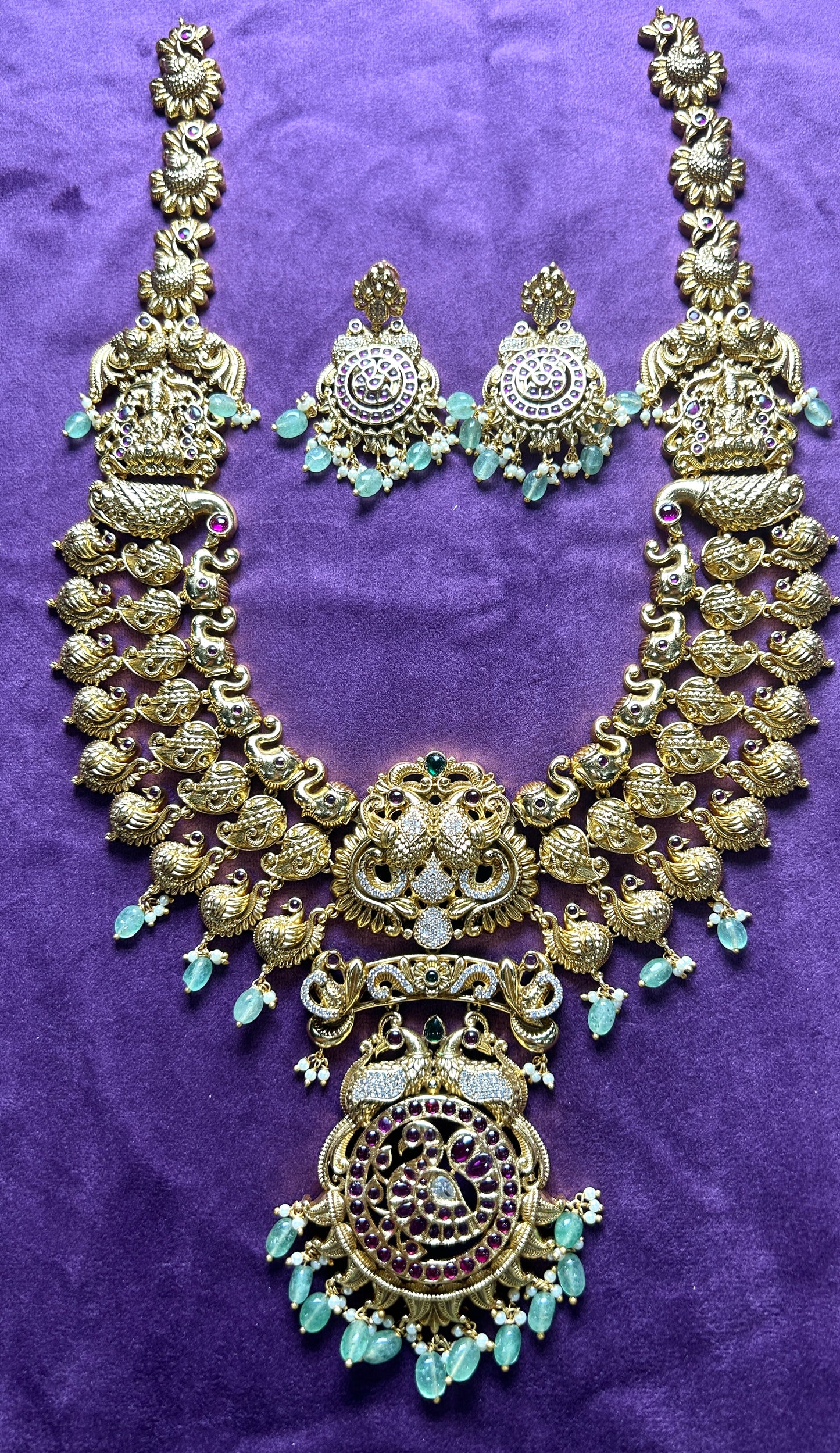 Heritage Lakshmi Temple Long Haar Set with Peacock Motif