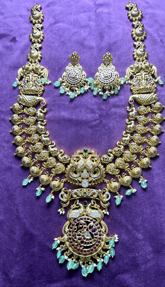 Heritage Lakshmi Temple Long Haar Set with Peacock Motif