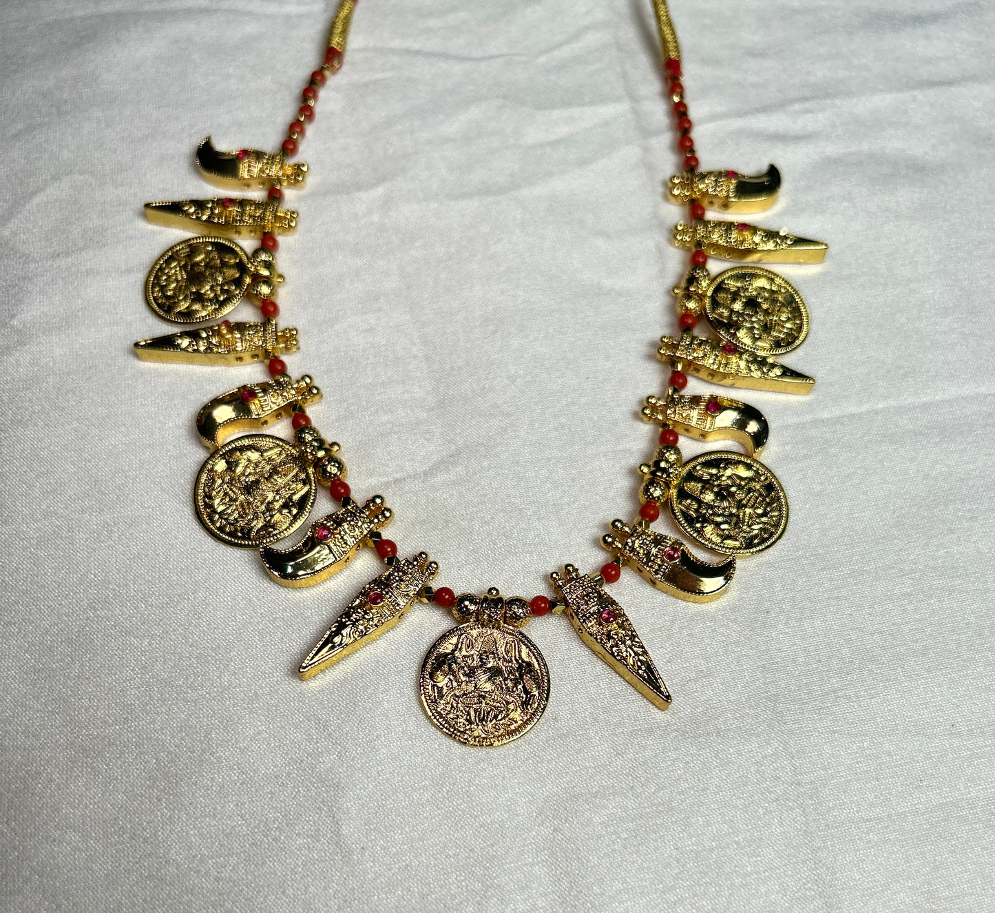 Lakshmi Coin Temple Necklace with Sword and Dagger Motifs – 1 Gram Gold Plated