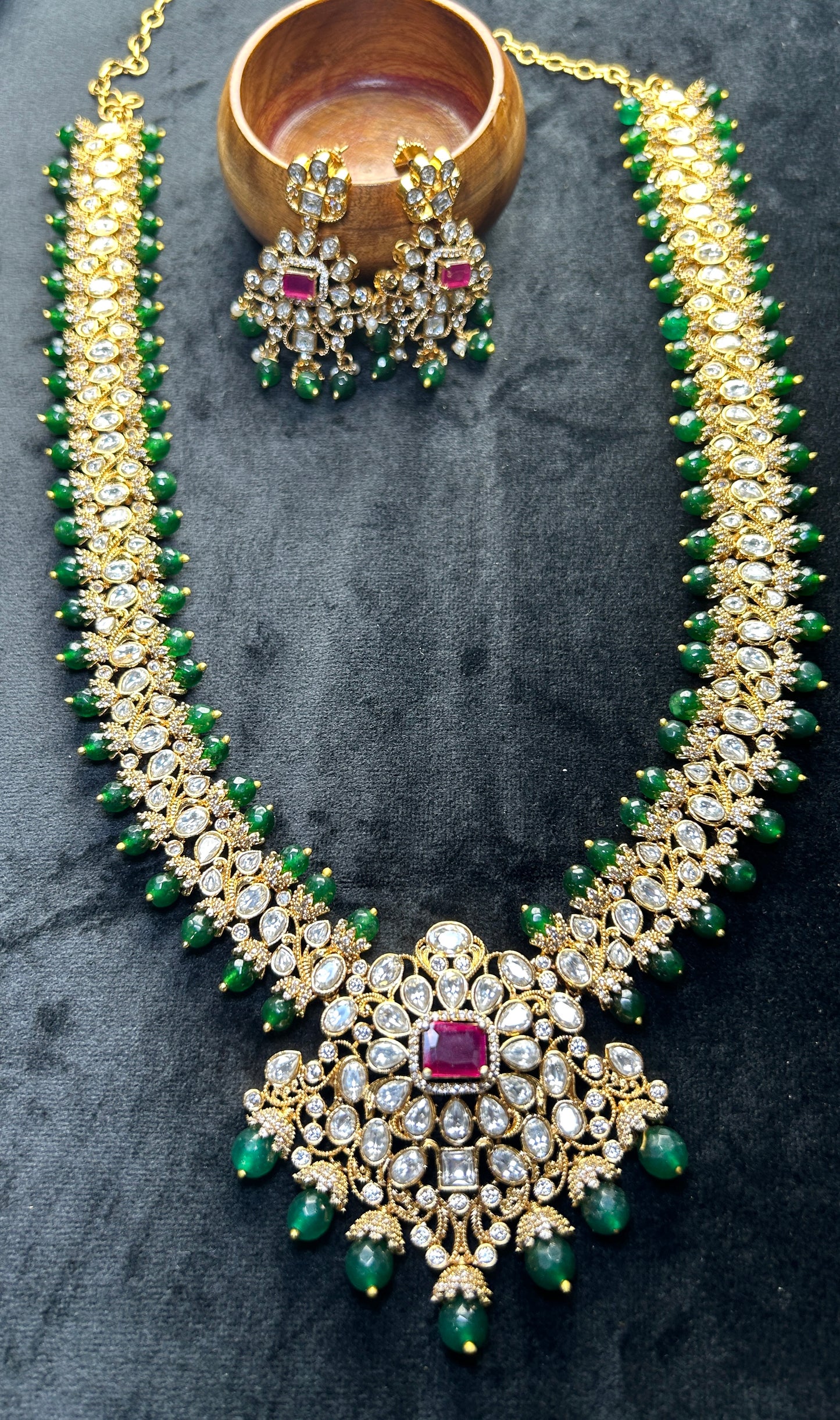 Royal Kundan Bridal Long Necklace Set – Emerald Green & Ruby Red