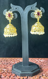 Antique Gold Jhumkas with Ruby Stud & Pearl Drops