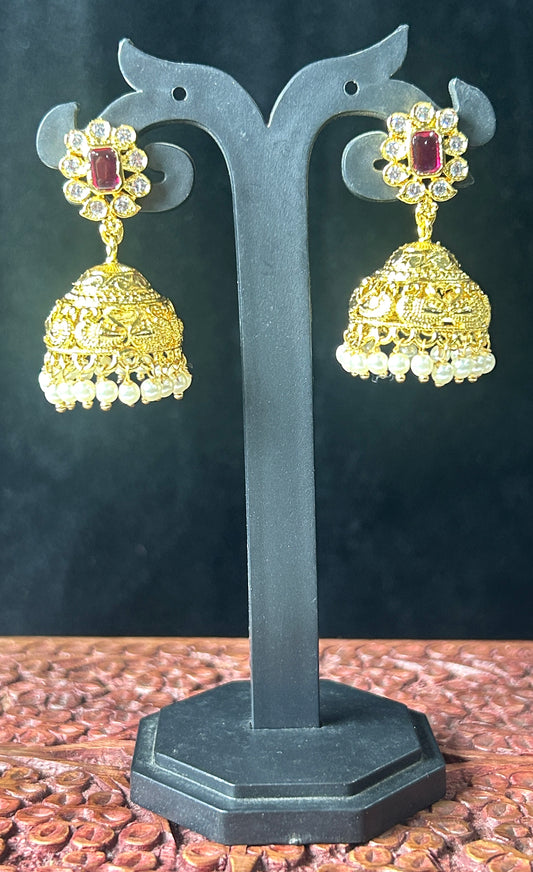 Antique Gold Jhumkas with Ruby Stud & Pearl Drops
