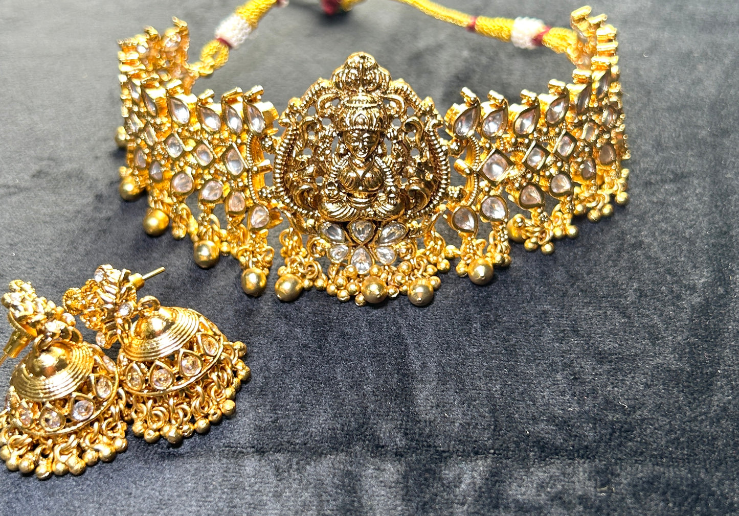 Antique Lakshmi Temple Choker Set – Kundan Work with Golden Ball Drops