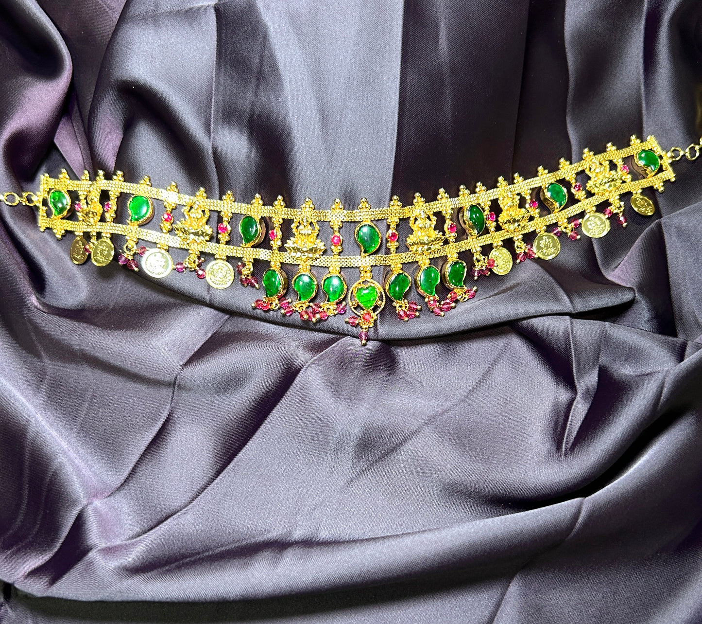 Temple Waist Belt / Vaddanam with Green & Coin Motifs