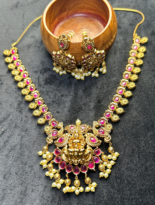 Goddess Lakshmi Temple Necklace Set – Ruby Pink & Pearl Finish
