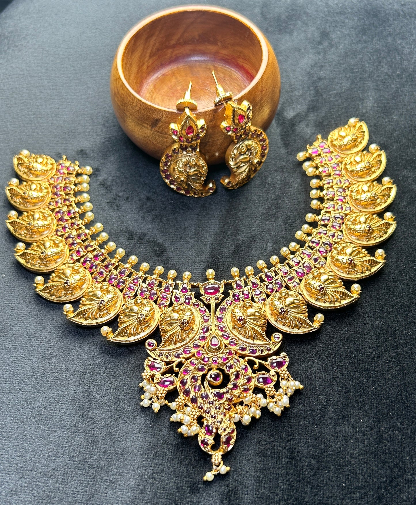 Makara Motif Temple Necklace Set – Antique Gold with Ruby Accents