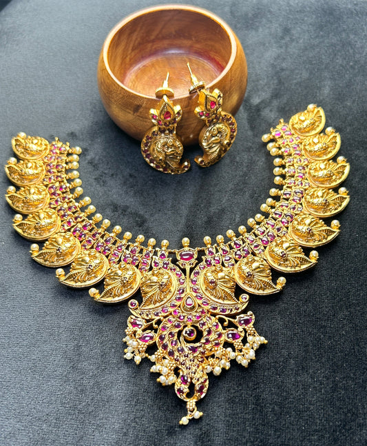 Makara Motif Temple Necklace Set – Antique Gold with Ruby Accents