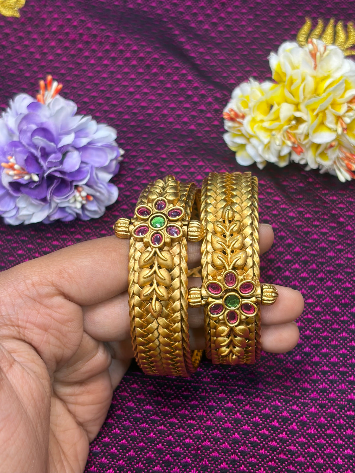 Traditional Antique Gold Finish Bangles with Ruby & Green Stone Floral Motifs