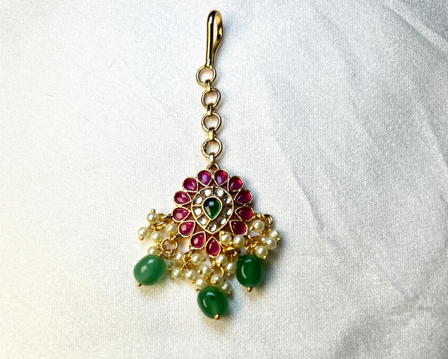 Petite Floral Kundan Maang Tikka with Green Drops