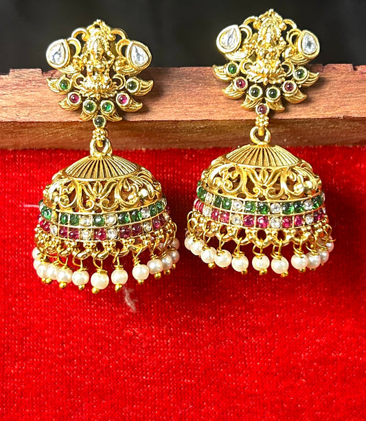 Traditional Temple Jhumka Earrings with Pearl Drops