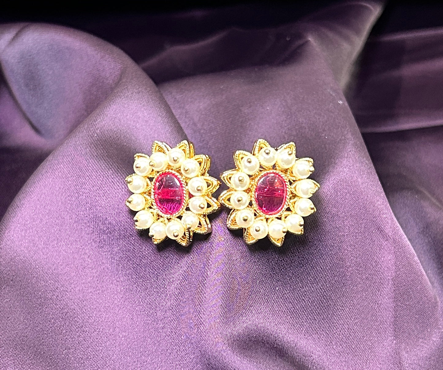 Ruby Oval Pearl Stud Earrings