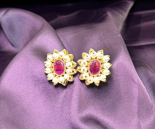 Ruby Oval Pearl Stud Earrings