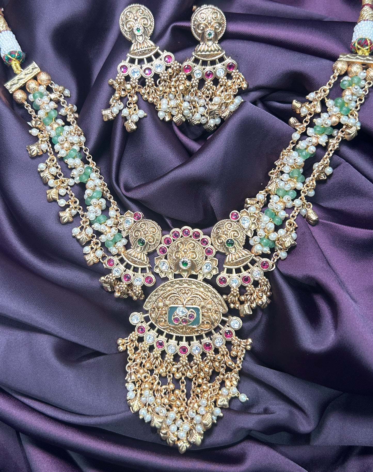 Antique Temple Necklace Set with Green Beads
