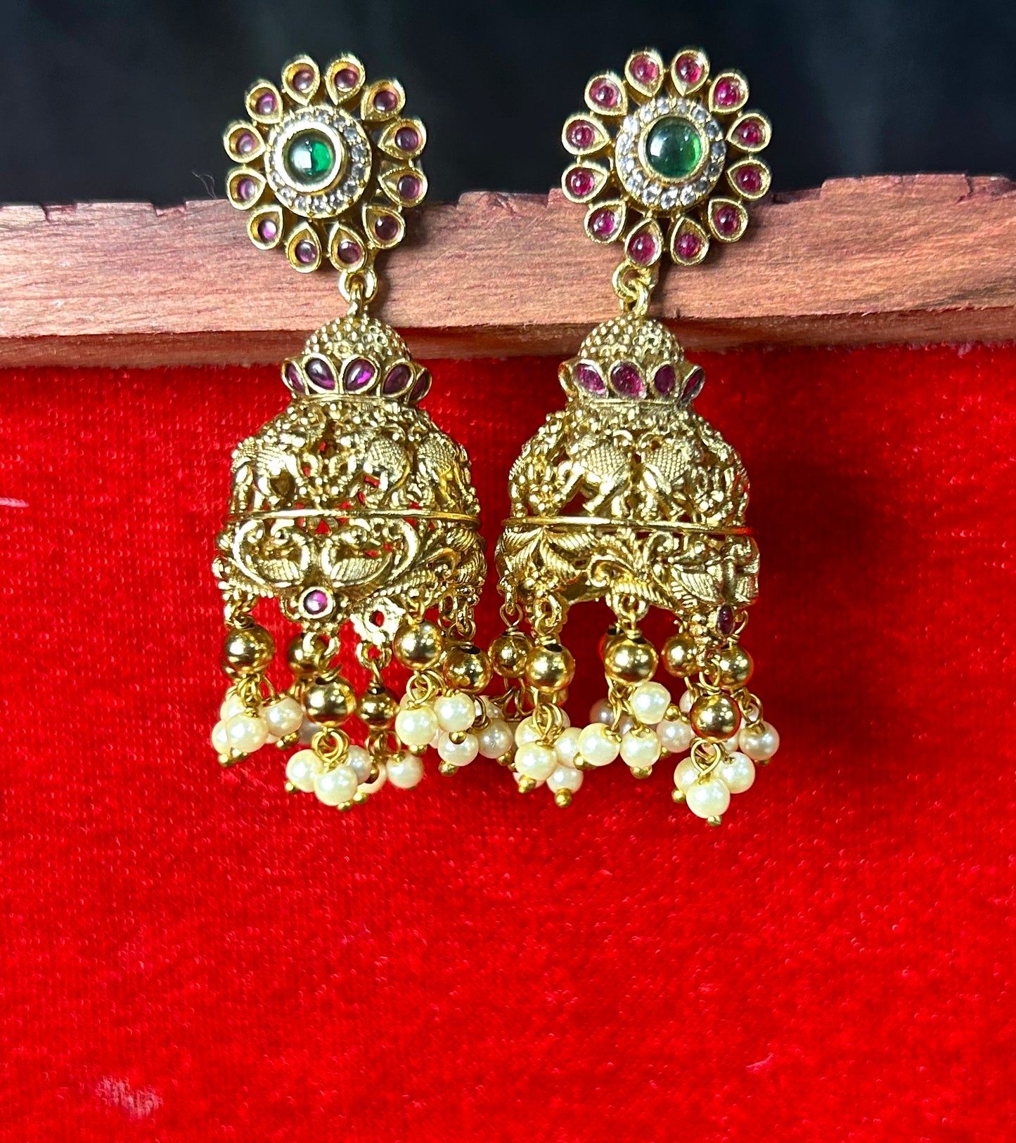 Peacock Motif Temple Jhumkas with Pearl Drops